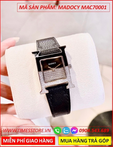 Đồng Hồ Nữ Madocy Mặt Vuông Tựa Hermes Pha Lê Dây Da Đen (32mm)