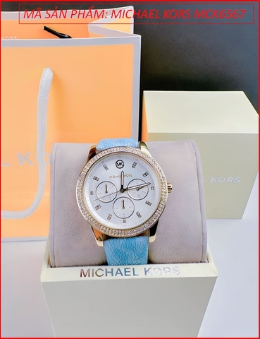 Đồng hồ Nữ Michael Kors Outlet Tibby Mặt Trắng Đính Đá Dây Da Xanh (38mm)