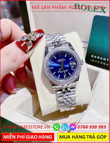 Đồng Hồ Nữ Rolex F1 Automatic Datejust Mặt Xanh Đính Đá Dây Kim Loại (31mm)