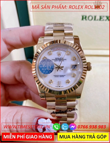 Đồng Hồ Nữ Rolex F1 Automatic 2 Lịch Mặt Niềng Khía Dây Vàng Gold (36mm)