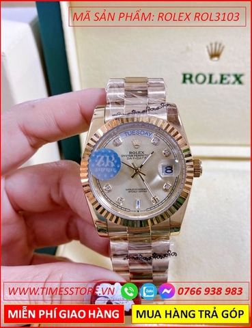 Đồng Hồ Nữ Rolex F1 Automatic 2 Lịch Mặt Vàng Niềng Khía Dây Vàng Gold (36mm)