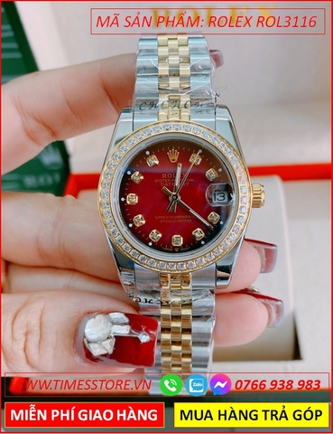 Đồng Hồ Nữ Rolex F1 Mặt Đỏ Đính Đá Dây Demi Vàng Gold (31mm)