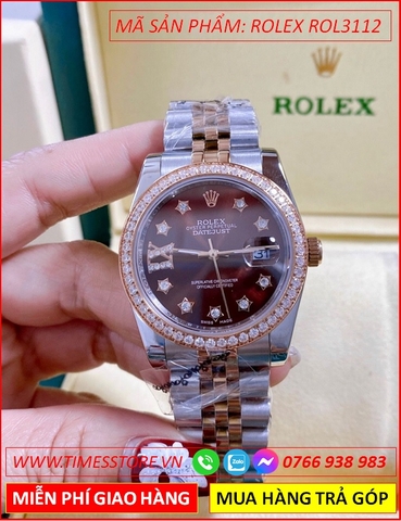 Đồng Hồ Nữ Rolex F1 Mặt Nâu Đính Đá Rose Gold Dây Demi (36mm)