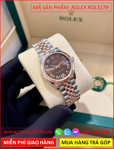 Đồng Hồ Nữ Rolex F1 Mặt Nâu Số La Mã Dây Demi (31mm)