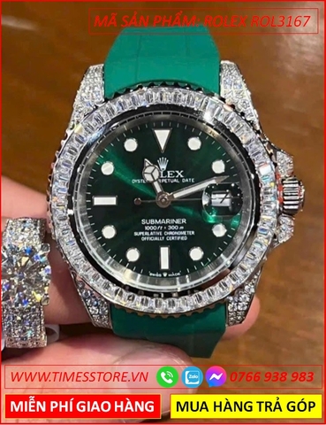 Đồng Hồ Nữ Rolex F1 Automatic Submariner Đính Đá Dây Silicone Xanh (41mm)