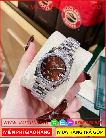 Đồng Hồ Nữ Rolex Mặt Đỏ Đính Đá Dây Kim Loại (31mm)