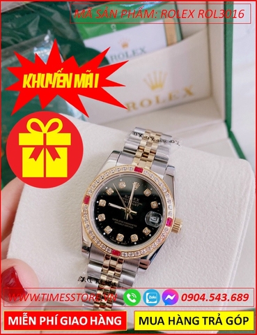 Đồng hồ Nữ Rolex siêu cấp Replica mặt Đen Đính Đá Ruby Đỏ (32mm)