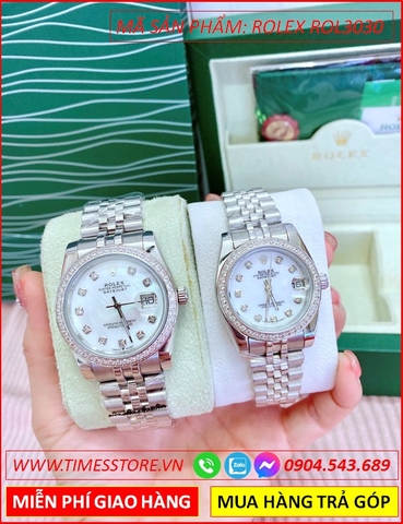 Đồng hồ Cặp đôi Rolex siêu cấp mặt Xà cừ dây kim loại Đá Swarovski (32-38mm)