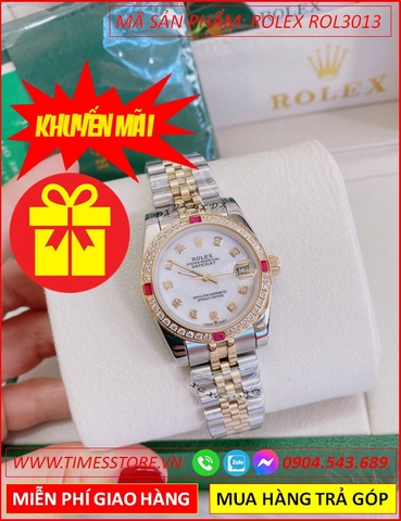 Đồng hồ Nữ Rolex siêu cấp Replica mặt Trắng Đính Đá Ruby Đỏ (32mm)