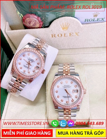 Đồng hồ Cặp đôi Rolex siêu cấp mặt Trắng Swarovski Rose Gold (32-38mm)