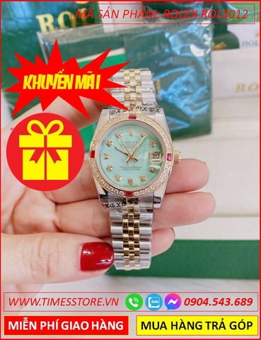 Đồng hồ Nữ Rolex siêu cấp Replica mặt Xanh Đính Đá Ruby Đỏ (32mm)