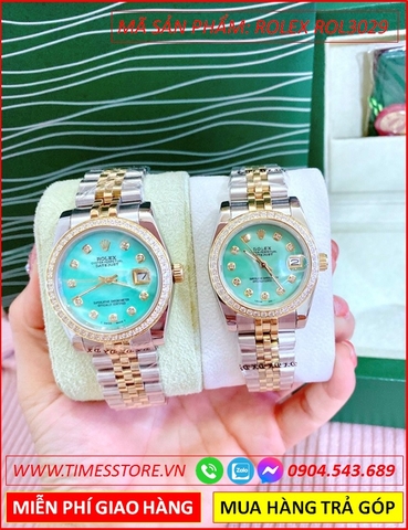 Đồng hồ Cặp đôi Rolex siêu cấp Swarovski mặt Xanh Demi Vàng Gold (32-38mm)