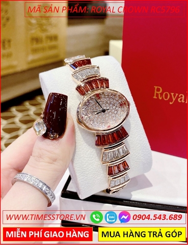 Đồng hồ Nữ Royal Crown Mặt Elip Full Đá Dây Đính Đá Đỏ (32mm)