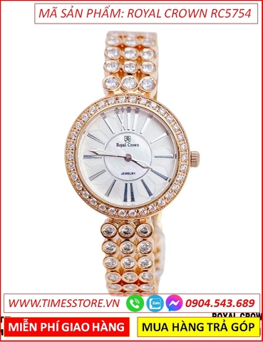 Đồng hồ Nữ Royal Crown Mặt Tròn Dây Thép Full Đá Rose Gold (32mm)