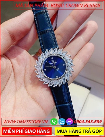 Đồng hồ Nữ Royal Crown Mặt Xanh Đính Đá Pha Lê Dây Da Xanh (32mm)