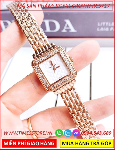 Đồng hồ Nữ Royal Crown Mặt Vuông Đính Đá Dây Kim Loại Rose Gold (32mm)