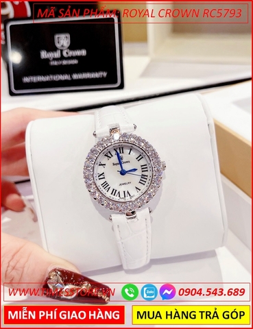 Đồng hồ Nữ Royal Crown Tựa Cartier Đính Đá Zirconia Dây Da Trắng (30mm)