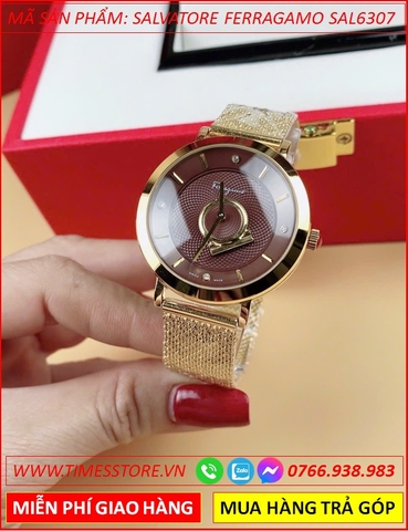 Đồng Hồ Nữ Salvatore Ferragamo Minuetto Mặt Nâu Dây Lưới Vàng Gold (35mm)