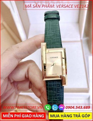 Đồng hồ Nữ Versace Mặt Chữ Nhật Dây Da Xanh Mặt Vàng Gold (27mm)