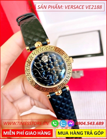 Đồng hồ Nữ Versace Mặt Tròn Họa Tiết Mặt Đen Dây Da Đen (35mm)