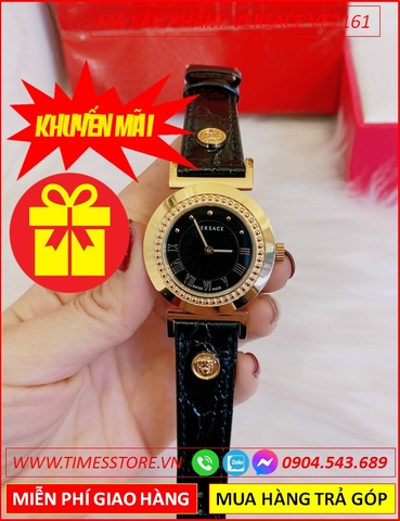 Đồng hồ Nữ Versace Mặt Tròn Vàng Gold Mặt Đen Dây Da Đen (35mm)