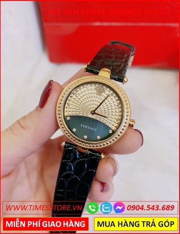 Đồng hồ Nữ Versace Mặt Tròn Vàng Gold Luxury Dây Da Đen (35mm)