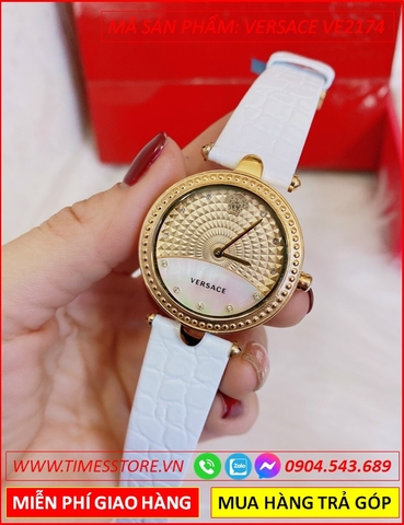 Đồng hồ Nữ Versace Mặt Tròn Vàng Gold Luxury Dây Da Trắng (35mm)