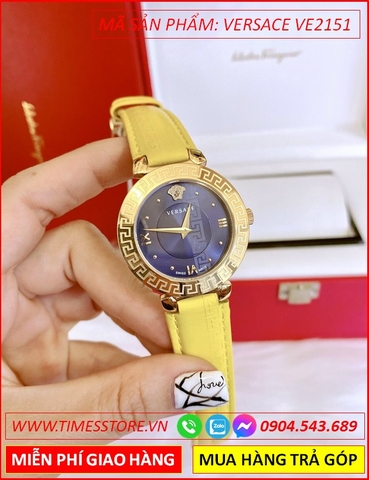 Đồng hồ Nữ Versace Mặt Tròn Vàng Gold Dây Da Vàng Mặt Xanh (35mm)