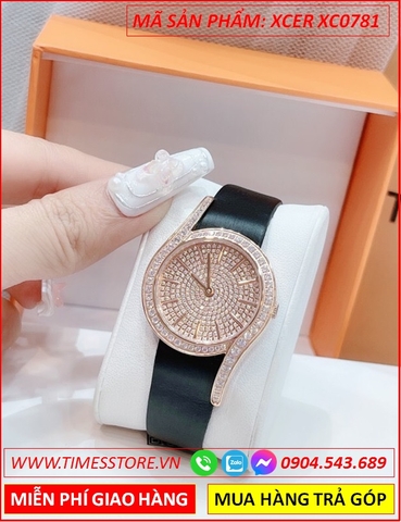 Đồng Hồ Nữ Xcer Mặt Full Đá Rose Gold Hình Chữ S Dây Da Lụa (32mm)