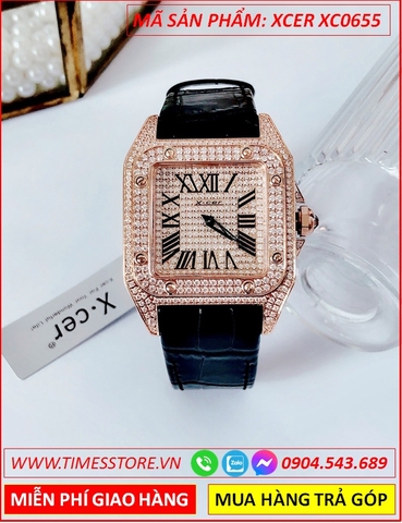 Đồng Hồ Nữ Xcer Mặt Vuông Rose Gold Full Đá Swarovski Dây Da (34mm)