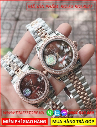 Đồng hồ Cặp đôi Rolex siêu cấp mặt Nâu Swarovski Rose Gold (32-38mm)