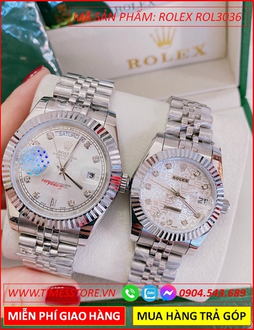 Đồng hồ Cặp đôi Rolex siêu cấp mặt Trắng Xà cừ dây kim loại Silver (32-41mm)