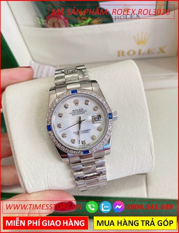 Đồng hồ Nam Rolex 1:1 siêu cấp mặt Trắng Xà cừ 4 Viên Ruby Xanh (38mm)