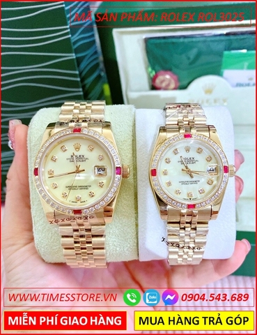 Đồng hồ Cặp đôi Rolex siêu cấp Swarovski mặt Vàng Full Gold Luxury (32-38mm)