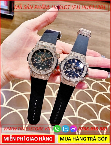 Đồng Hồ Cặp Đôi Hublot F1 6 Kim Full Đá Rose Gold Dây Silicone (34mm-42mm)