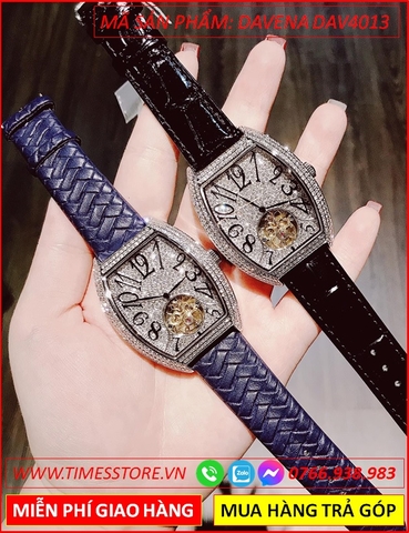 Set Đồng hồ Davena Nam mặt Oval Tự động Automatic dây da Xanh (52mm)