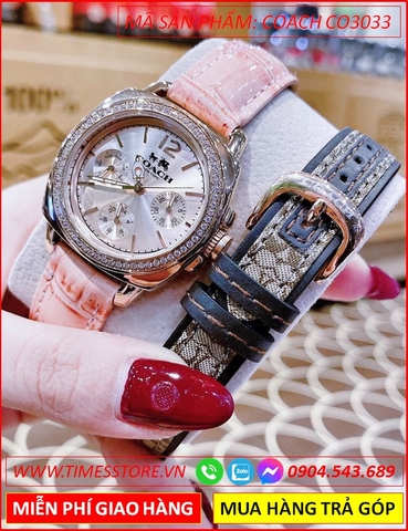 Set Đồng Hồ Nữ Coach Boyfriend 6 Kim Dây Da Hồng (35mm)