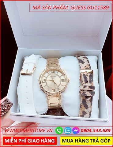 Set Đồng Hồ Nữ Guess Mặt Tròn Đính Đá Dây Vàng Gold (36mm)