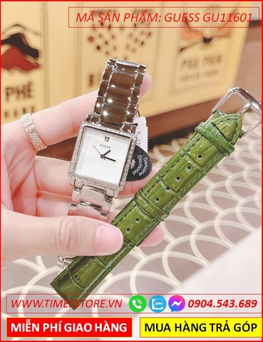 Set Đồng Hồ Guess Nữ Mặt Vuông Đính Đá Dây Kim Loại (28x28mm)