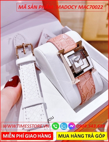 Set Đồng Hồ Madocy Nữ Mặt Vuông Hermes Rose Gold Dây Da Hồng (32mm)