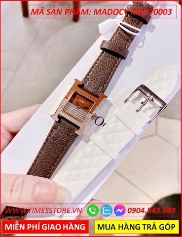 Set Đồng Hồ Nữ Madocy Mặt Vuông Tựa Hermes Dây Da Nâu (32mm)