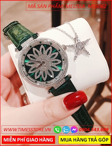 Set Đồng hồ Nữ Melissa Mặt Bông Hoa Tuyết Swarovski Dây Da Xanh (39mm)