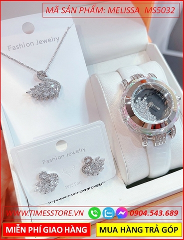 Set Đồng hồ Nữ Melissa Mặt Đá Rơi Swarovski Dây Da Màu Trắng (32mm)