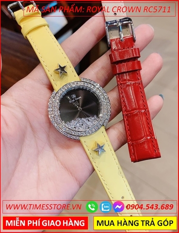 Set Đồng hồ Nữ Royal Crown Mặt Tròn Đen Đính Đá Dây Da Vàng (36mm)