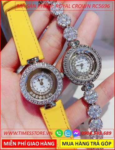 Set Đồng hồ Nữ Royal Crown Jewelry Mặt Tròn Dây Da Vàng (28mm)