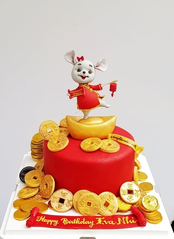 Bánh fondant với tạo hình chuột phát tài, tiền vàng