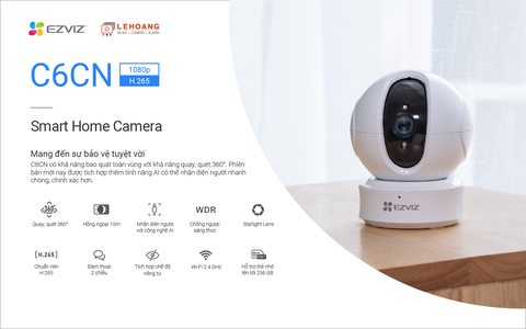 Camera Wifi EZVIZ C6CN HD 1080P Smart Home Camera (Chuẩn nén H.265, nhận diện người AI, đàm thoại 2 chiều, Starlinght Lens, hồng ngoại 10m)