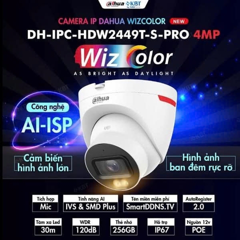 Camera IP 4MP DOME WizColor DAHUA DH-IPC-HDW2449T-S-PRO