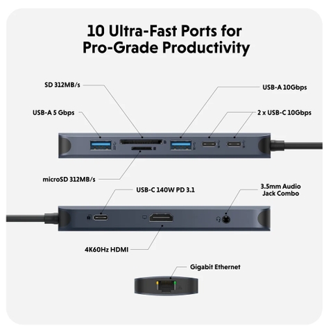 Cổng Chuyển HyperDrive Next 10 PORT USB-C Laptop/Macbook TYPE-C HD4005GL