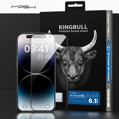 Miếng dán cường lực MIPOW KINGBULL PREMIUM SILK HD (2.7D) cho iPhone 15 | 15 Plus | 15 Pro | 15 Pro Max  (FULL VIỀN ĐEN)